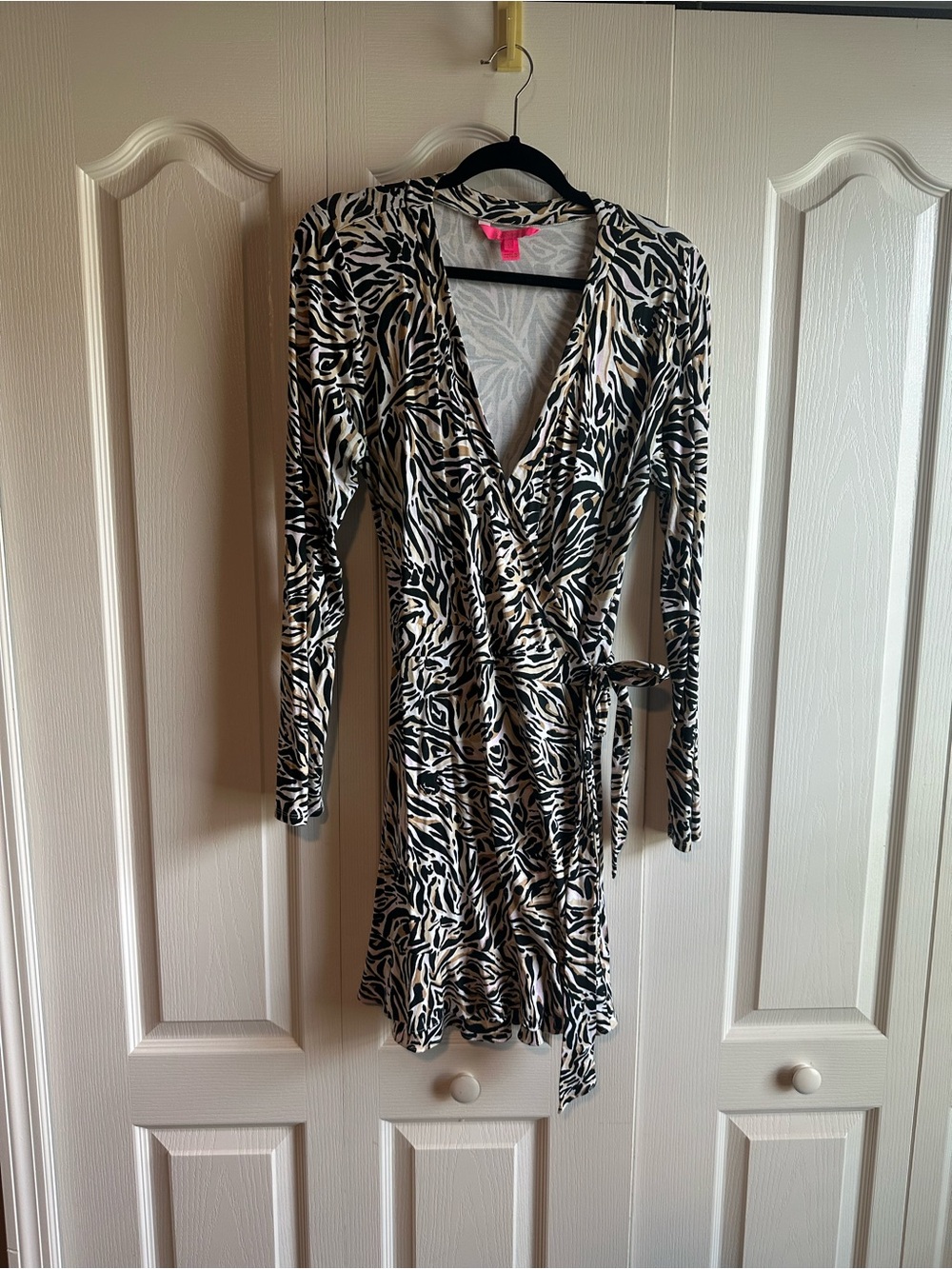 Lilly Pulitzer Black and Cream Wrap-Style Long Sleeve Romper with Zebra Print
